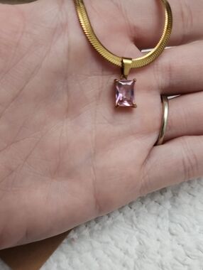 1pc Minimalist Pink Square Cubic Zirconia Pendant Stainless Steel Blade Chain